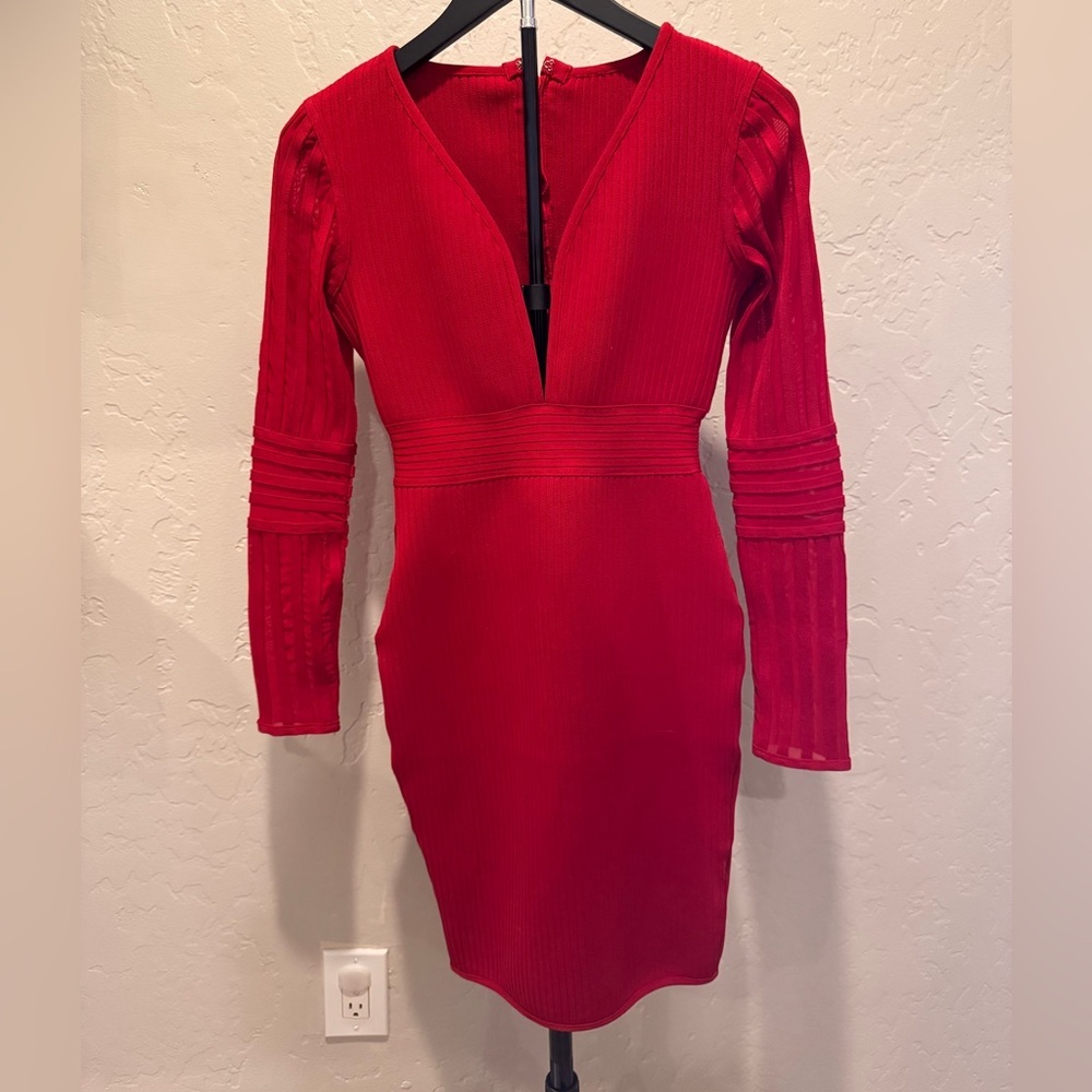 Elegant Red Long Sleeve Mini Dress V-neck
